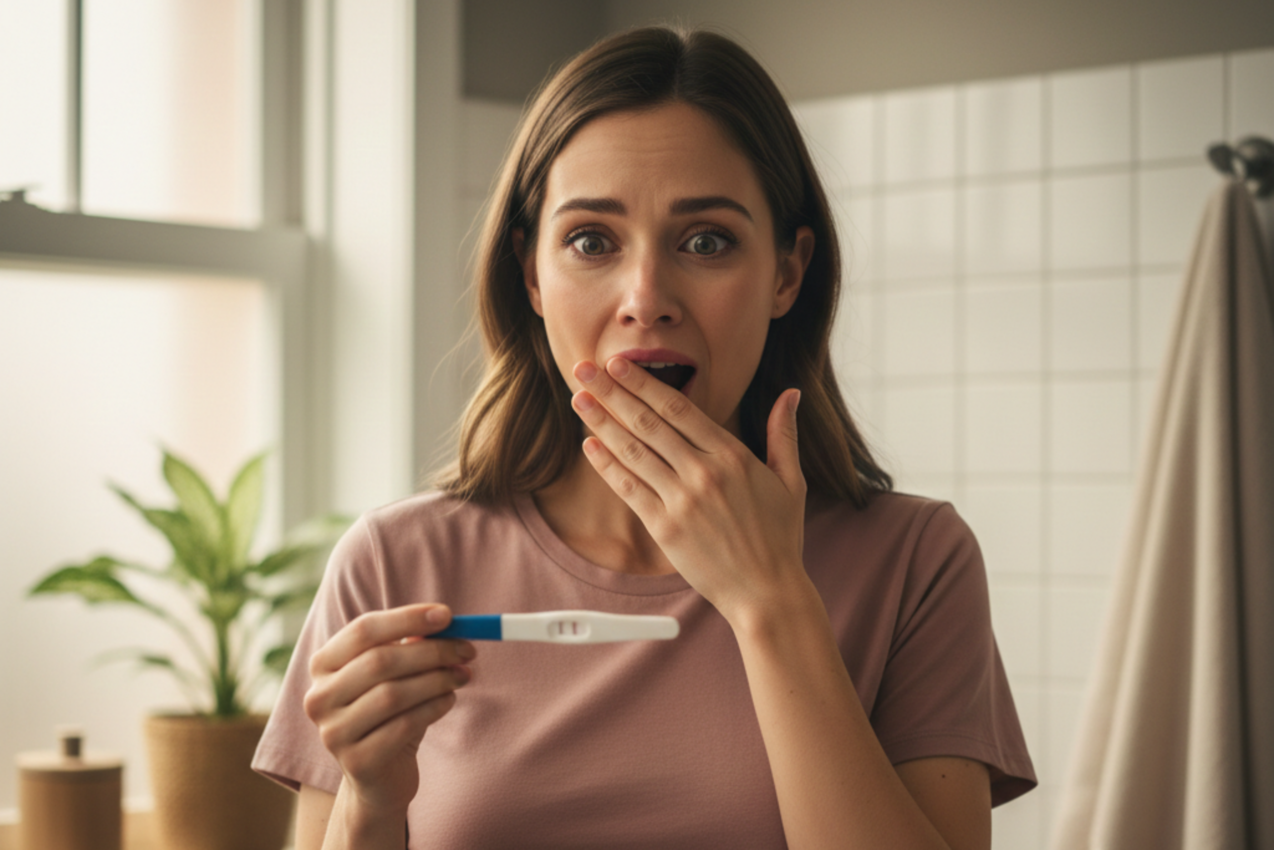Mulher segurando teste de gravidez.