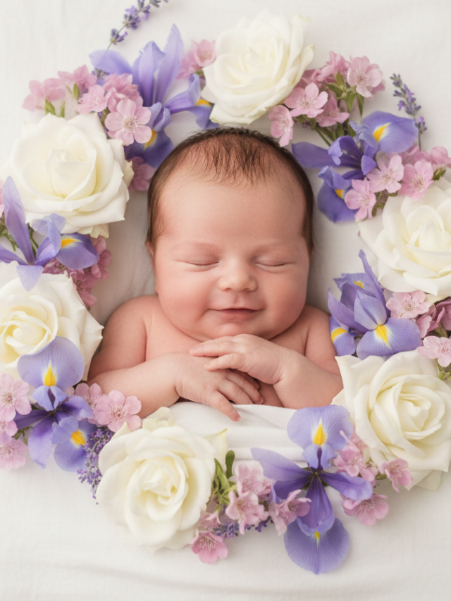 uma bebê cercada por flores e feliz