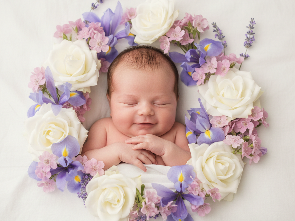 uma bebê cercada por flores e feliz