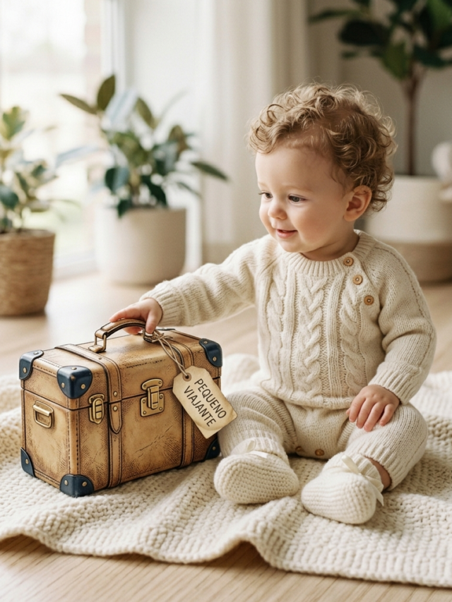 um bebê com uma malinha de viagem retrô