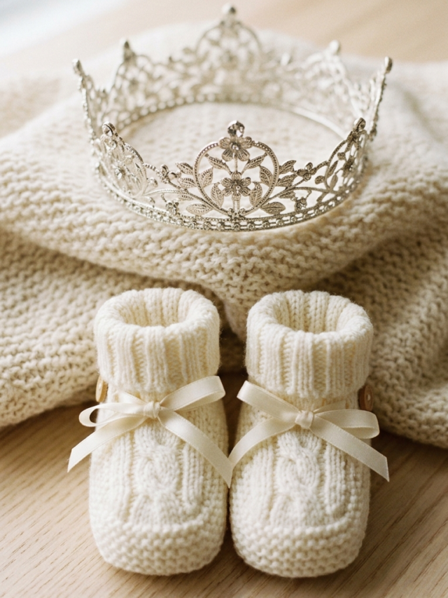 uma coroa delicada de prata ou um par de sapatinhos de tricô brancos bem clássicos.