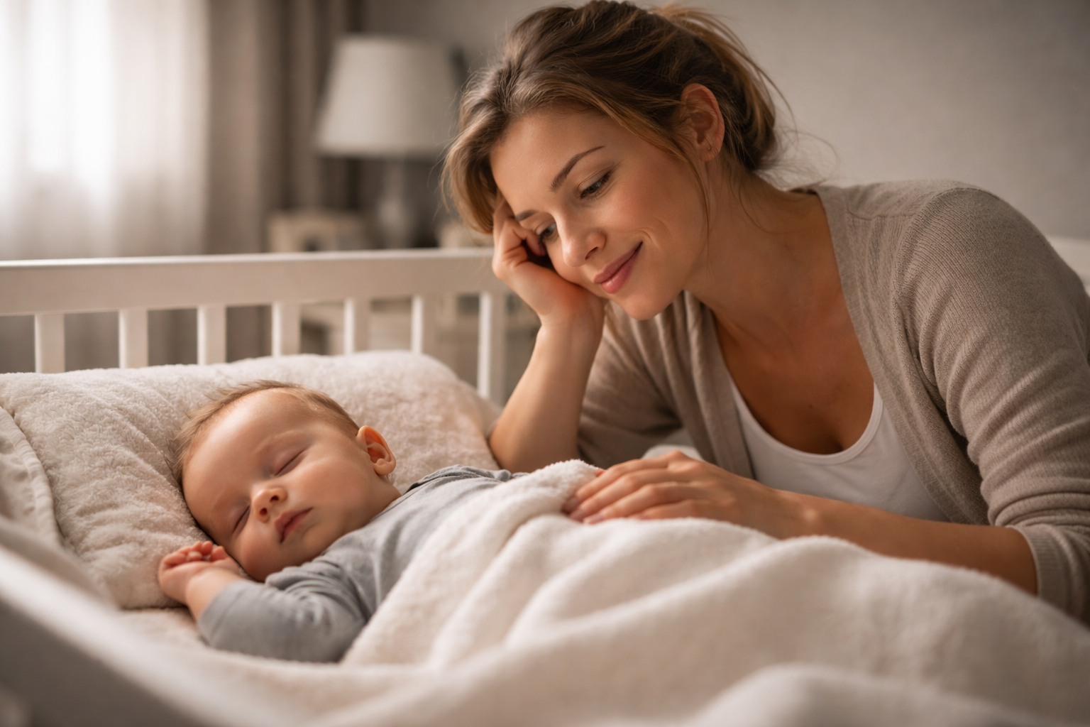 uma mãe cansada porém feliz admirando seu bebê dormindo